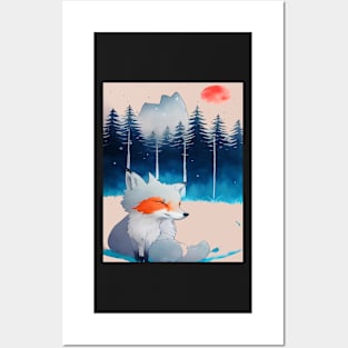 vintage a fox in the wild fox in the wilderness, mountain landscape Posters and Art